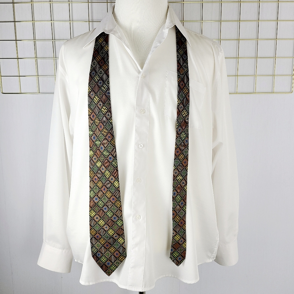 Rochas Paris Green Brown Checkered Graphic Print Woven Silk Tie - Picture 7 of 8